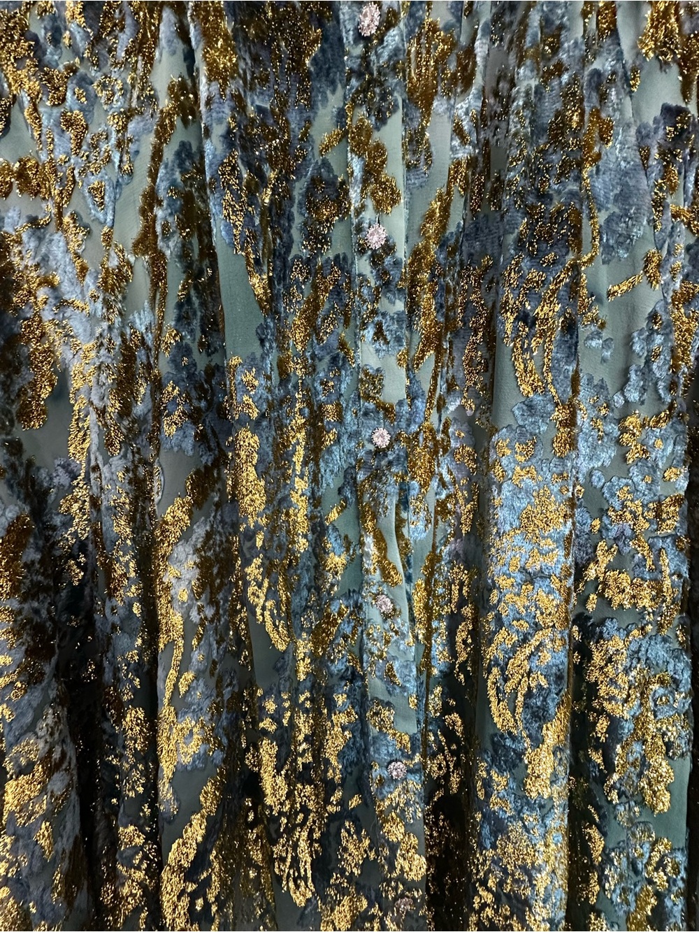 Blue and Gold Metallic Long Sleeve Midi Dress - Velvet Floral - Picture 9 of 12
